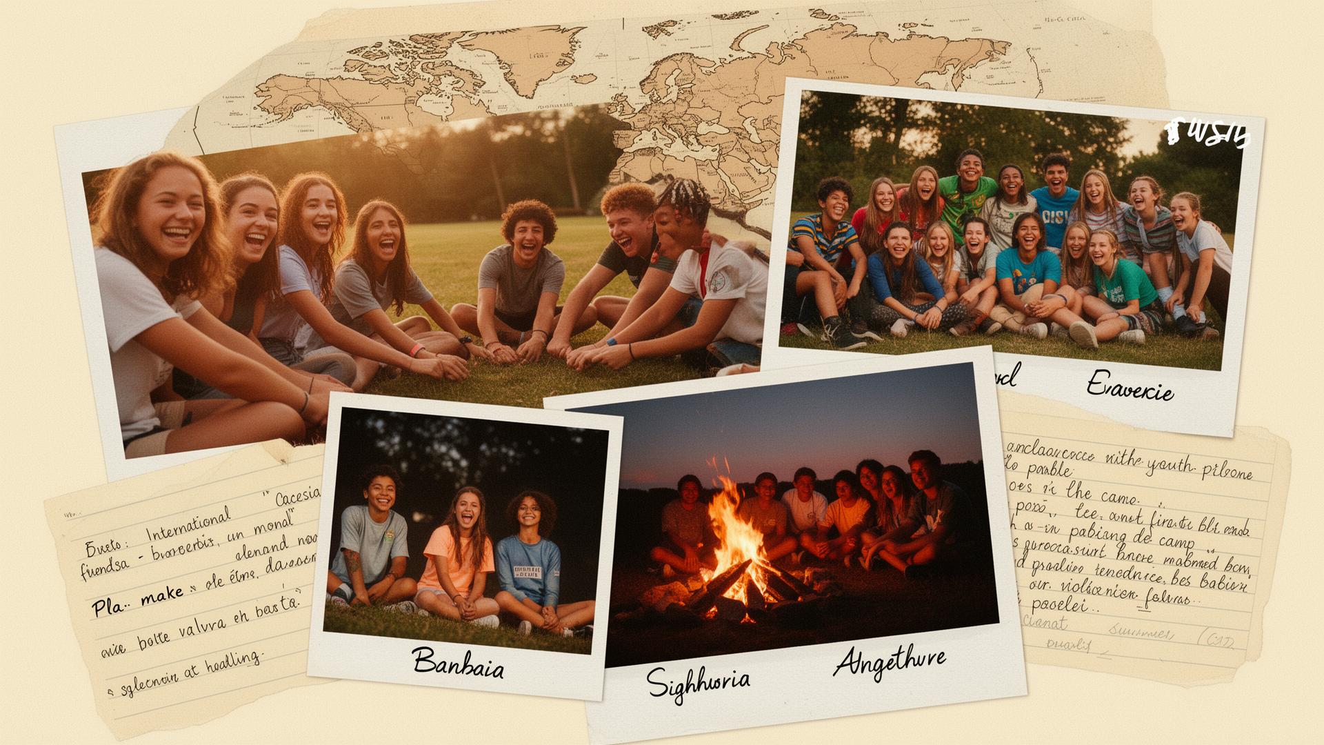 A collage of international friendships, camp memories, and handwritten notes from CISV alumni.